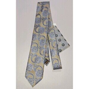 NWT Imani Uomo Men's Tie and Pocket Square Set Blue Beige Paisley Jacquard